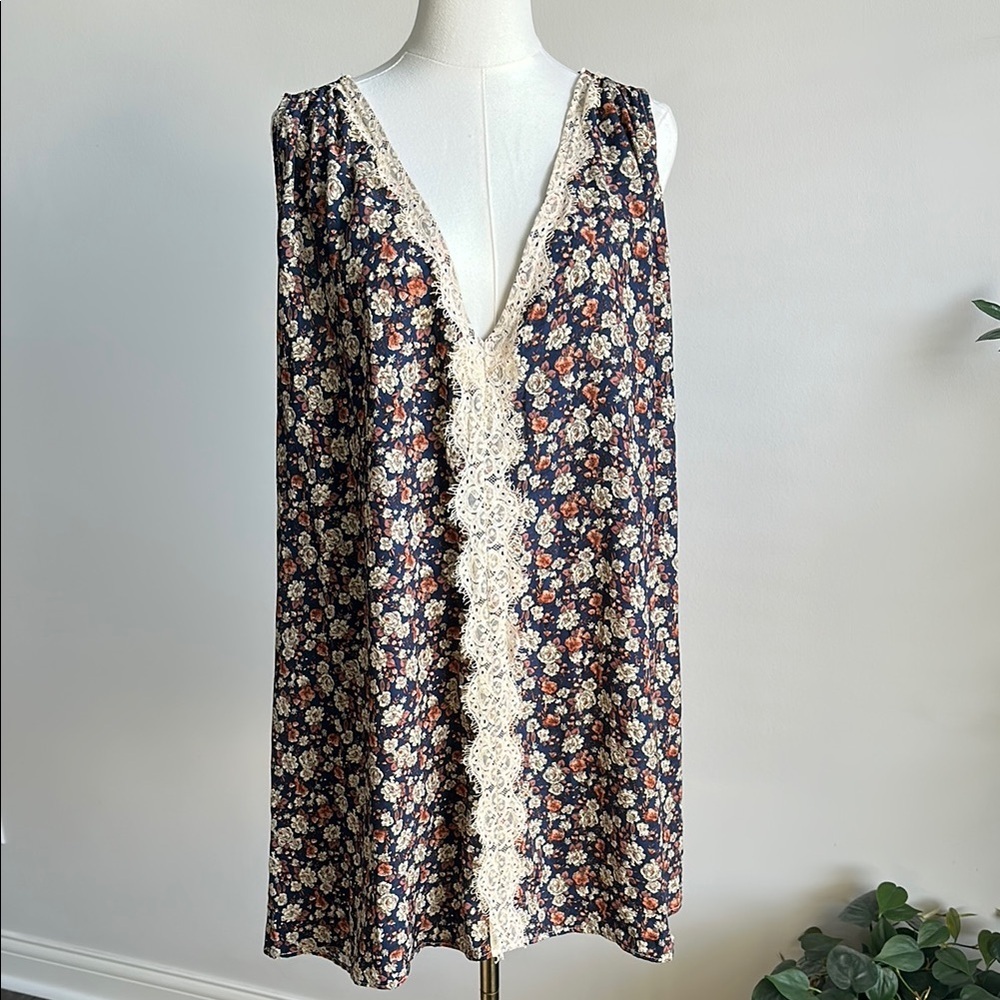 POL Floral Lace-Trim Sleeveless Tunic - Navy, Cream, Rust